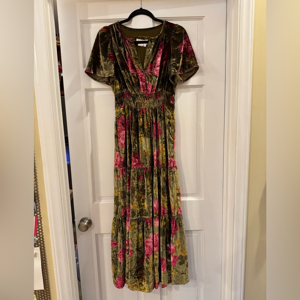 Anthropologie Velvet Maxi Dress in Pink and Green
